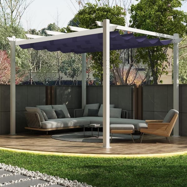 PURPLE LEAF 10 ft. x 13 ft. White Aluminum Frame Outdoor Pergola Gazebo with Navy Blue Retractable Sun Shade Canopy for Backyard