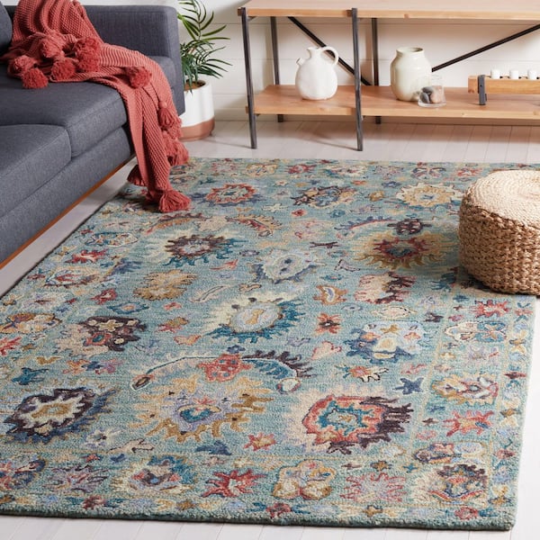 Blossom 6 ft. x 6 ft. Blue/Rust Abstract Border Floral Square Area Rug