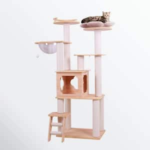 Anky 58 in. H Wood Cat Tree, Premium Wooden Multi-Level Cat Climber with Space Capsule Cat Tower