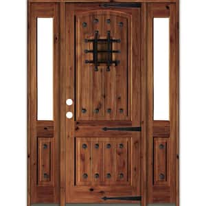 64 in. x 96 in. Medit. Knotty Alder Right-Hand/Inswing Clear Glass Red Chestnut Stain Wood Prehung Front Door w/DHSL