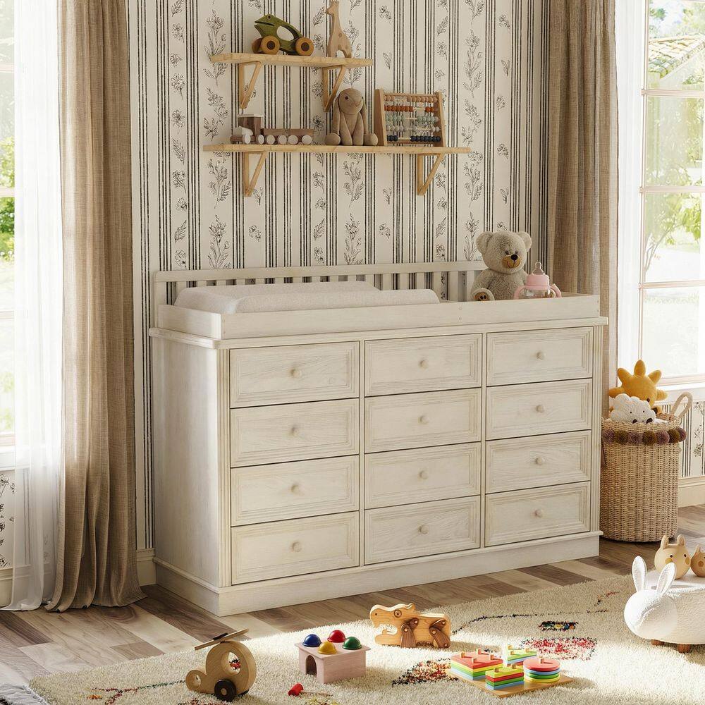 White 100% Pine Solid Wood 12 Drawer 55.1 in. Dresser without Mirror with Changing Table, Chest of Drawers For Home Use