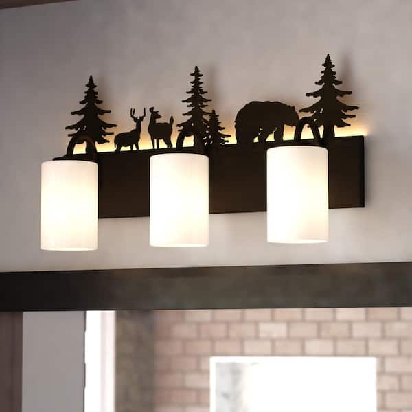 Acadia 23 in. Wide 3-Light Bronze Rustic Bathroom Vanity Light Fixture with Nightlight, Frosted White Glass