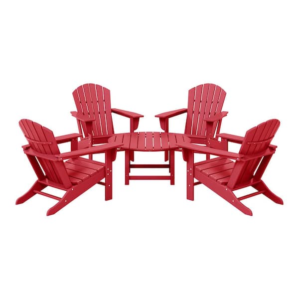 Altura Fade Resistant HDPE Plastic Red 5-Piece Adirondack Chair Outdoor Patio Conversation Set, Round Coffee Table