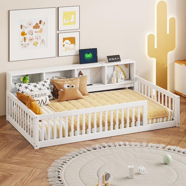 White Twin XL Size Floor Bed with USB Ports and Storage Cabinets