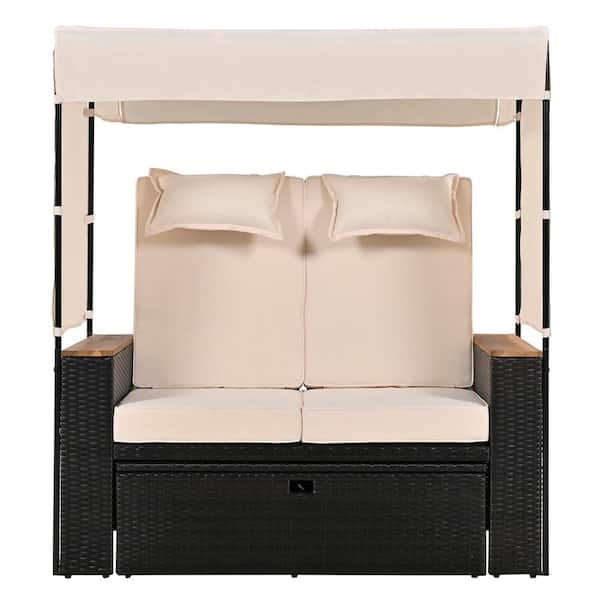 HomeAura Brown Wicker Outdoor Day Bed with Beige Cushions and Pillows