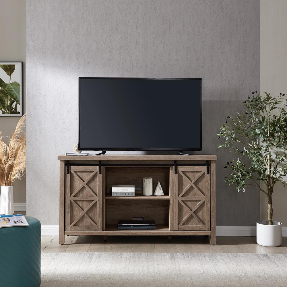 Elmwood Transitional Antiqued Gray Oak TV Stand with Cabinet for TVs up to 70"