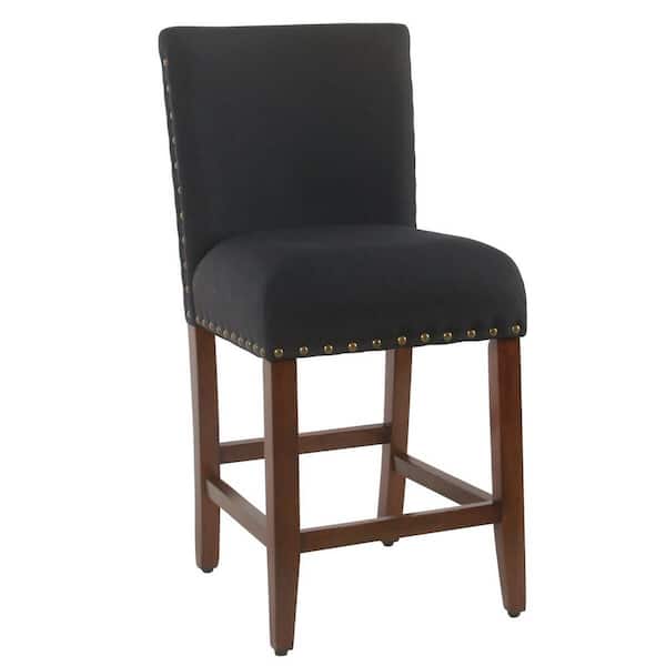 Homepop 25 in. Deep Navy Blue High Back Wood Bar Stool Counter Stool with Polyster and Linen Seat with Nailheads 1-Stool