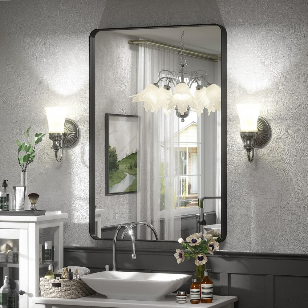 24 in. W x 36 in. H Rectangular Aluminum Alloy Framed and Tempered Glass Wall Bathroom Vanity Mirror in Matte Black price history on PriceWatchPro