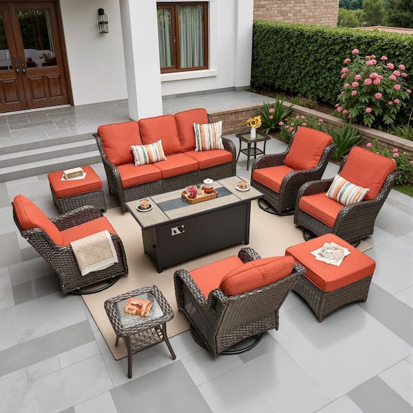Garnet 10-Piece Wicker Outdoor Fire Pit Patio Conversation Sofa Set with Swivel Rocking Chairs and Orange Red Cushions
