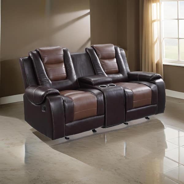 Benjara 76 in. Pillow Top Arm Faux Leather Rectangle Recliner Loveseat Sofa in Brown