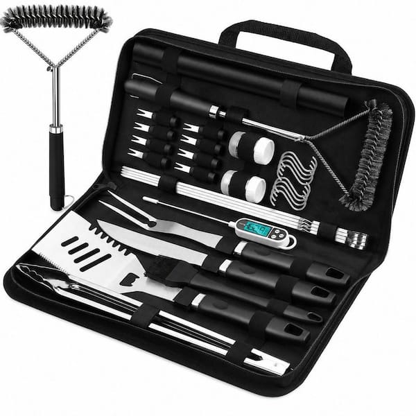 31-Piece BBQ Grill Accessories, Stainless Steel BBQ Utensils Kit with Mats, Grill Brush in Carrying Bag, Black