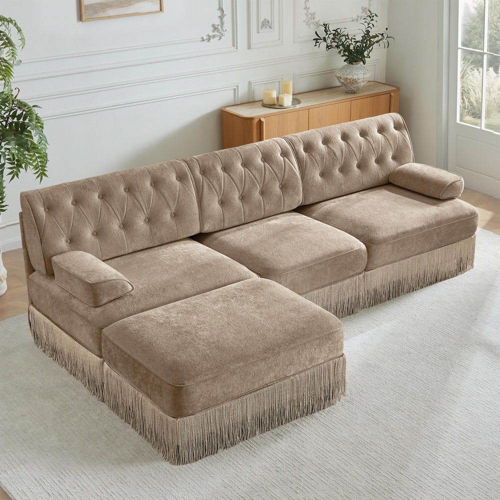 Modern 106.1 in. Curved Arms Velvet L-Shaped Tufted Modular Sectional Sofa in Camel with Ottoman and Skirt Base
