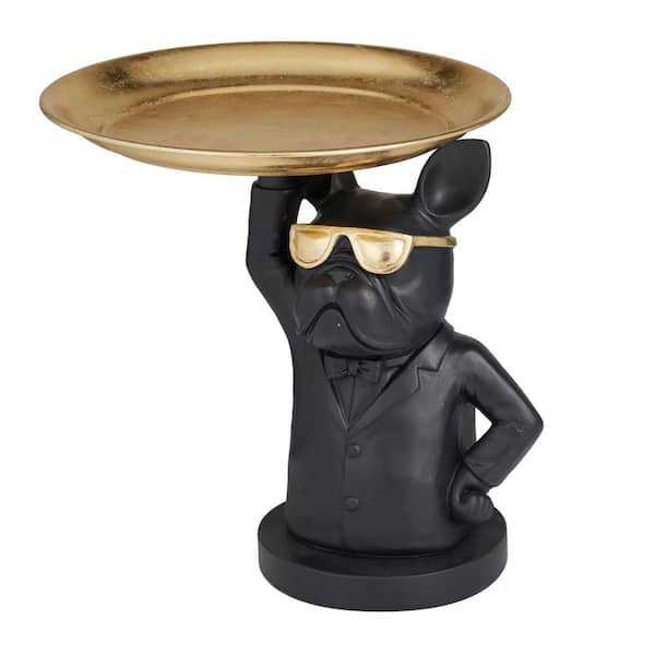 Litton Lane 14 in. x 14 in. Black Polystone Bulldog Sculpture with Tray Top