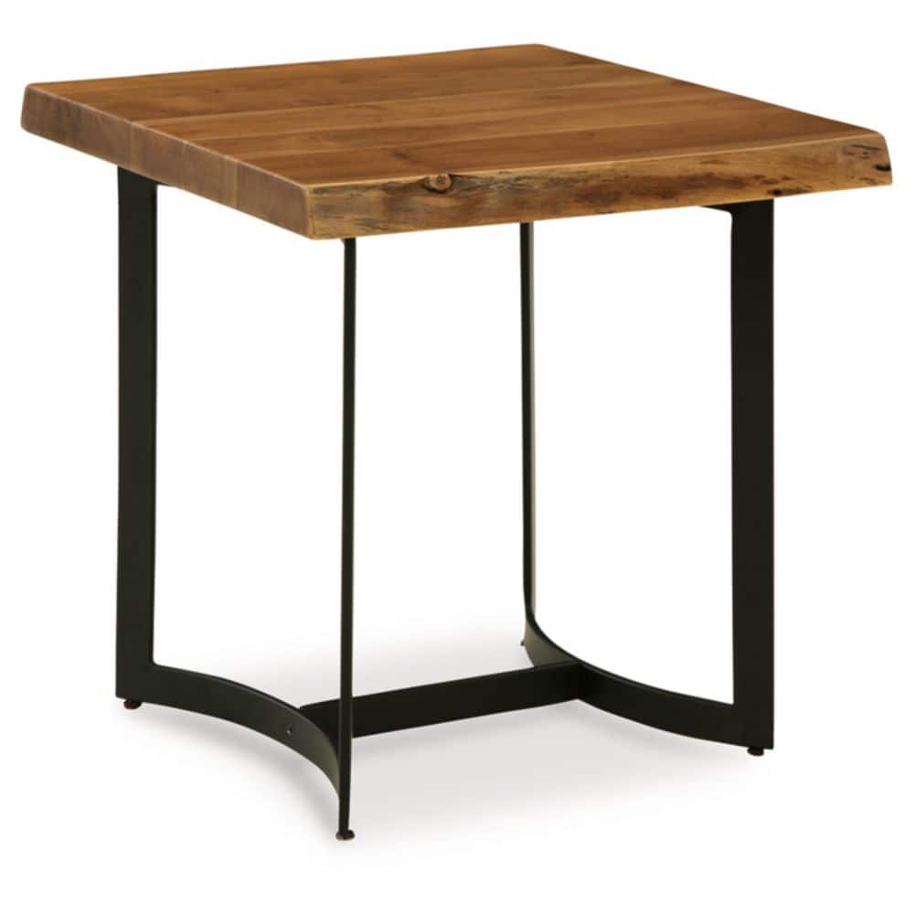 Square Light Brown and Black Wood Metal End Table