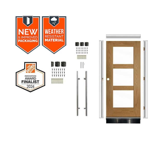 Faux Pivot 36 in. x 79 in. 3-Lite Right-Hand Clear Glass Bourbon Stain Fiberglass Front Door Kit w/ Quick Assemble Jamb