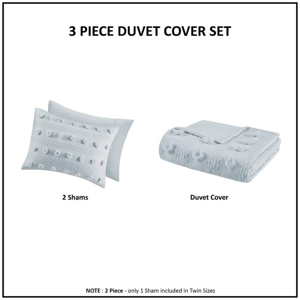 Blue Clip Jacquard Twin/Twin XL Duvet Cover Set with Pompom Accents