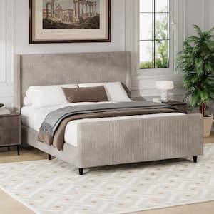 Taupe (Beige) Wood Frame Queen Size Corduroy Upholstered Platform Bed with High Wingback Headboard, Extra Support Legs