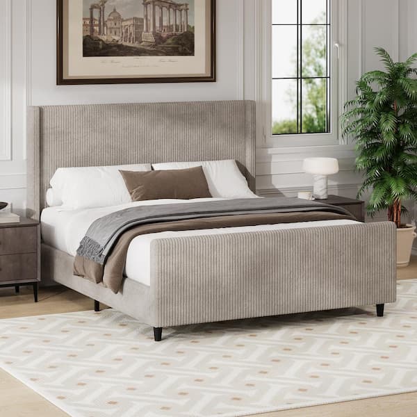 Harper And Bright Designs Taupe Beige Wood Frame Queen Size Corduroy