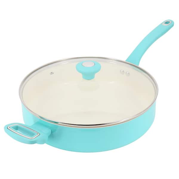 MARTHA STEWART EVERYDAY Rexford 5 qt. Ceramic Nonstick Aluminum Saute Pan with Lid in Teal