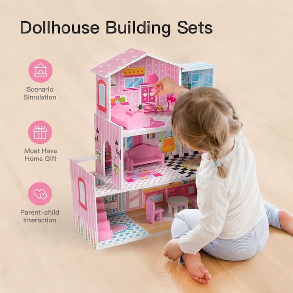 Huluwat Pink Classic Wooden Dollhouse for Toddlers with of