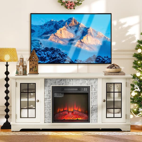 58 in. Freestanding Fireplace TV Stand for TVs Up to 65 in. with 18 in. Electric Fireplace Insert,Media Cabinet in White