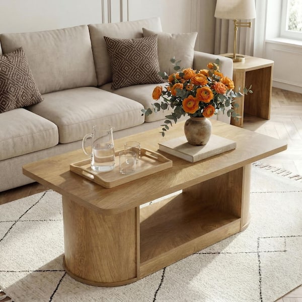 BYBLIGHT Light Brown 47.3 in. Rectangle Wood Coffee Table with