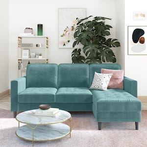 CosmoLiving, 59.5 in. Straight Arm Style, 1pc upholstered fabric, L shaped Sectional Sofa in. Light Green Velvet.