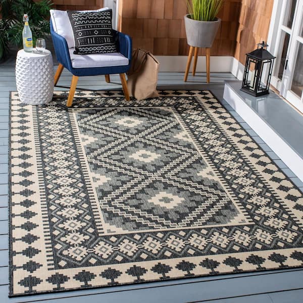 Veranda Ivory/Gray 8 ft. x 11 ft. Border Indoor/Outdoor Patio  Area Rug