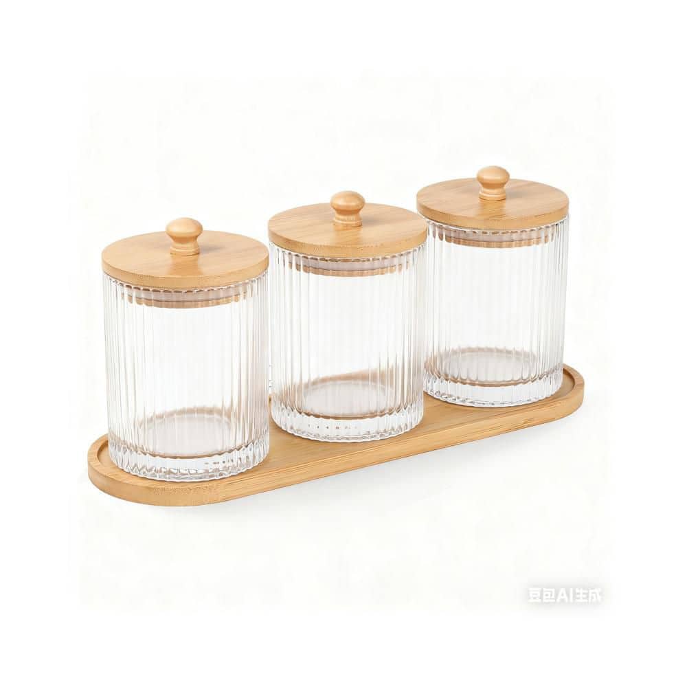 3-Pack Bathroom No-Drill Organizer Set with 3 Clear Glass Qtip Holders and 1 Waterproof Tray for Cotton Swabs in Beige price history on PriceWatchPro