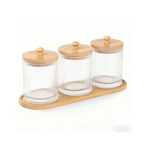 3-Pack Bathroom No-Drill Organizer Set with 3 Clear Glass Qtip Holders and 1 Waterproof Tray for Cotton Swabs in Beige