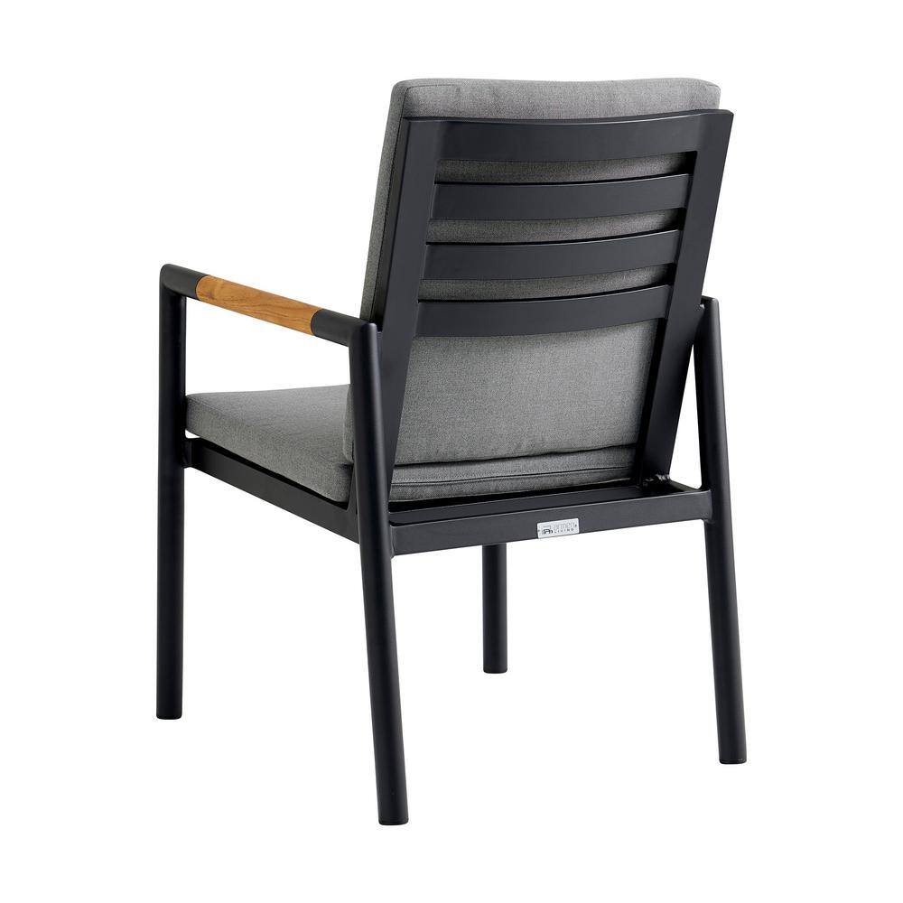 Royal Black Aluminum and Teak Outdoor Dining Chair Set with Gray Cushions