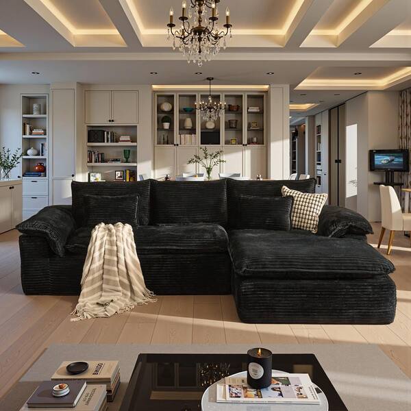 TOTO 112 in. Wide Arm 2-Piece Modern Plush Corduroy L-Shape Modular Sectional Sofa in Black with Right Chaise