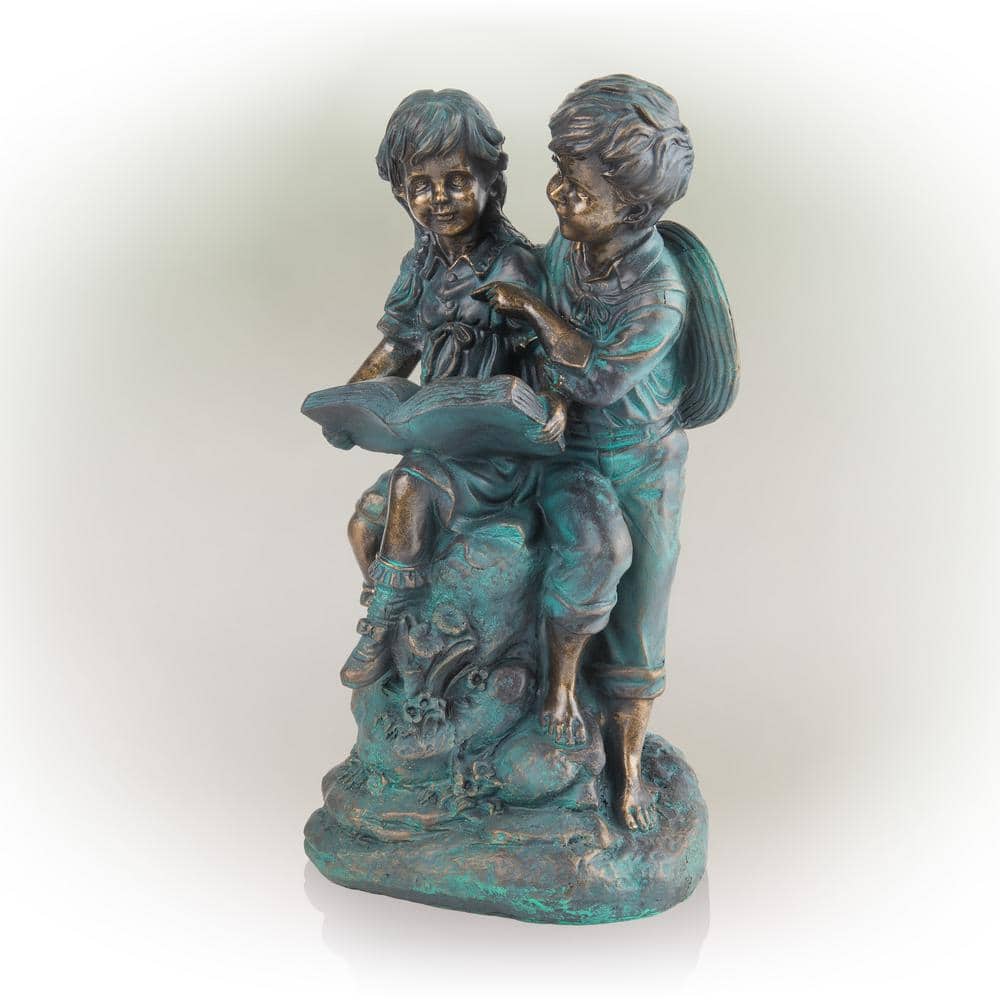 Antique Bronze Boy and Girl Reading Garden Statue