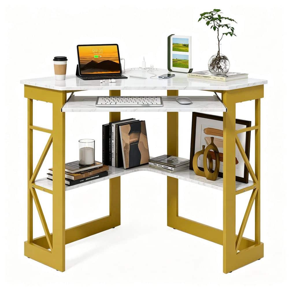 White Corner Computer Desk with Power Outlet & USB Ports, Triangle Desk with Keyboard Tray & Storage Shelves price history on PriceWatchPro