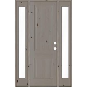 60 in. x 96 in. Rustic Knotty Alder Left-Hand/Inswing Clear Glass Grey Stain Square Top Wood Prehung Front Door