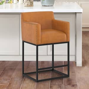 Luna 26 in.Whiskey Brown Faux Leather Counter Height Bar Stool with Black Metal Frame Arms Counter Stool(set of 1)