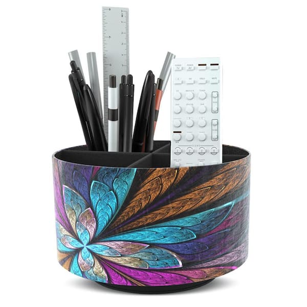5.51 in. x 5.51 in. x 3.94 in. Round Leather Multi-Functional Desktop Organizer, Remote Control Holder (Fractal Flower)