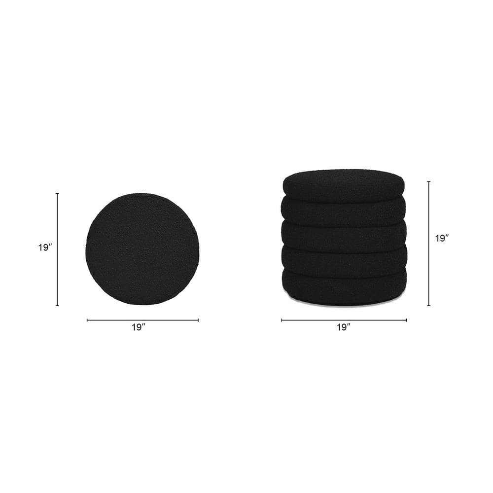 Ebony Black Boucle Round Storage Ottoman with Gathered Embellishment