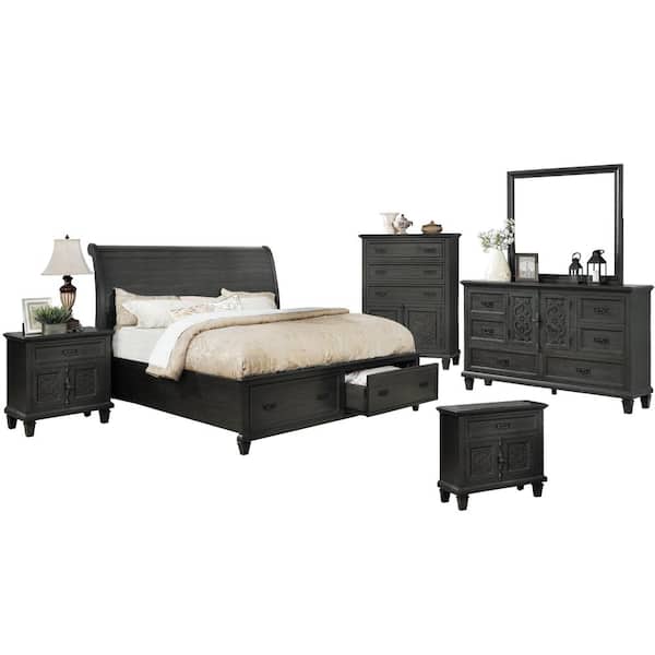 Best Quality Furniture Sleigh 6-Piece Rustic Grey Queen Platform Bedroom Set