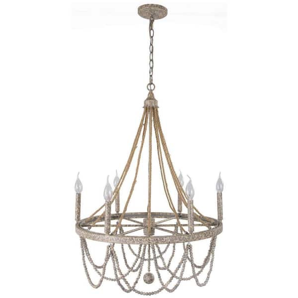 Unbranded Rustic 6-Light Distressed Granite Beaded Candlestick Chandelier for Living Room with No Bulb Included