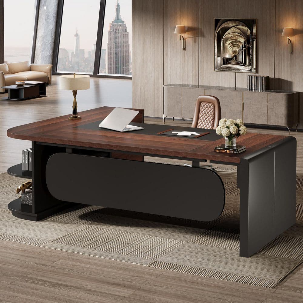 Lanita 81 in. L-Shaped Walnut and Black Wood 3-Drawer Executive Desk with 4 Storage Shelves price history on PriceWatchPro