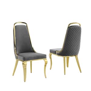 Ricky's Dark Gray Velvet Fabric Gold Legs Dining Chairs Set of 2