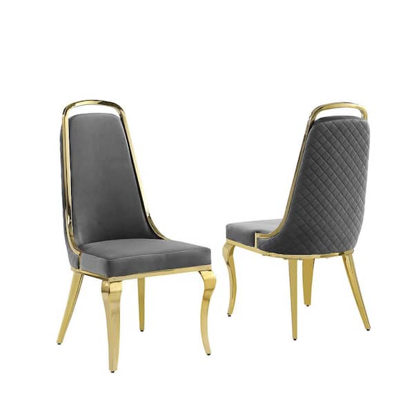 Best Quality Furniture Ricky's Dark Gray Velvet Fabric Gold Legs Dining Chairs Set of 2