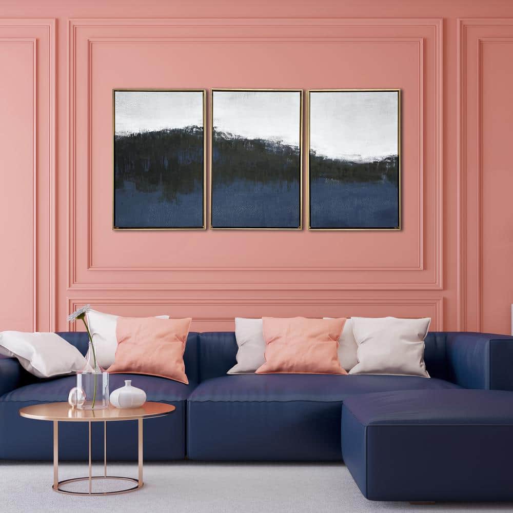 Sapphire Abstract Gold Framed Canvas Triptych Wall Art, 24"x48"