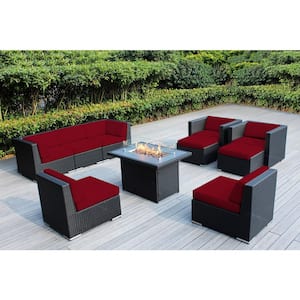 Ohana Black 10 -Piece Wicker Patio Fire Pit Seating Set with Supercrylic Red Cushions