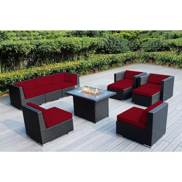 Ohana Depot Ohana Black 10 -Piece Wicker Patio Fire Pit Seating Set with Supercrylic Red Cushions