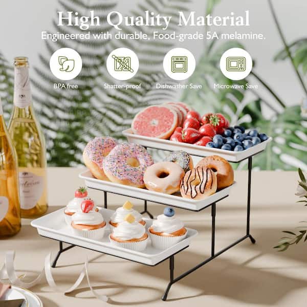 Numhew 11.8 in. White Melamine Rectangular 3-Tier Serving Tray