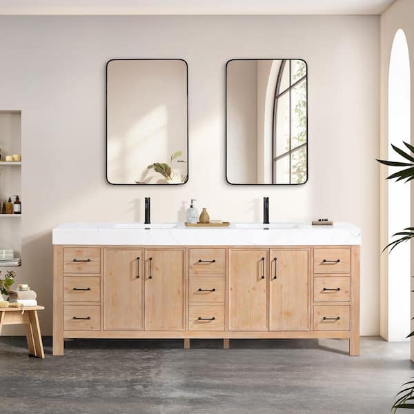 León 84 in.W x 22 in.D x 34 in.H Double Sink Bath Vanity in Fir Wood Brown with White Composite Stone Top