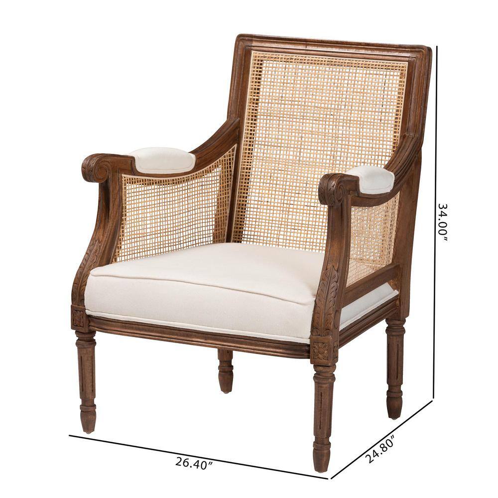 Beige Fabric and Walnut Wood Swoop Arm Accent Chair
