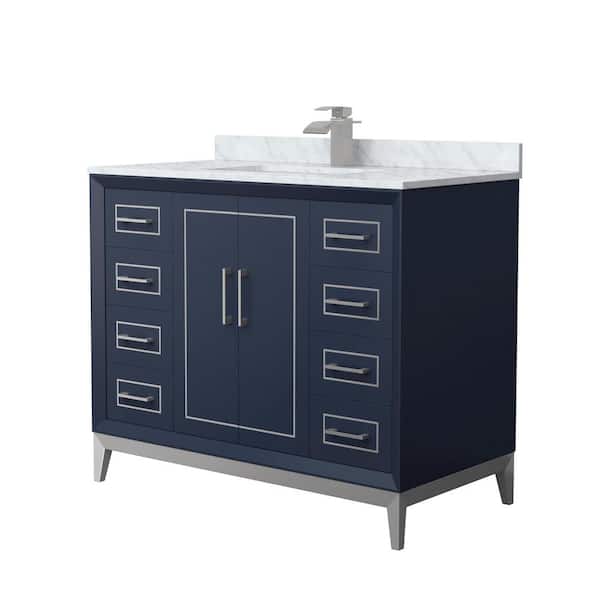Wyndham Collection Marlena 42 in. W x 22 in. D x 35.25 in. H Single Bath Vanity in Dark Blue with White Carrara Marble Top
